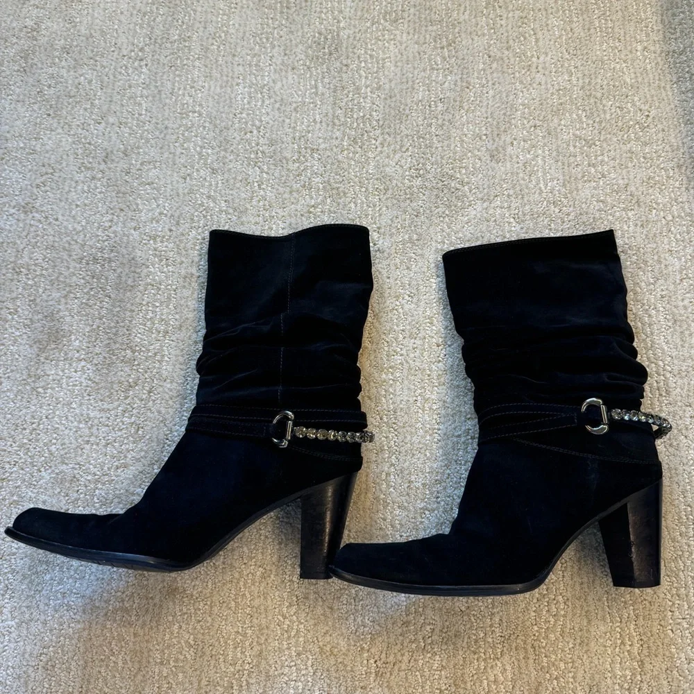 Stuart Weitzman suede slouch boot with crystal straps 8